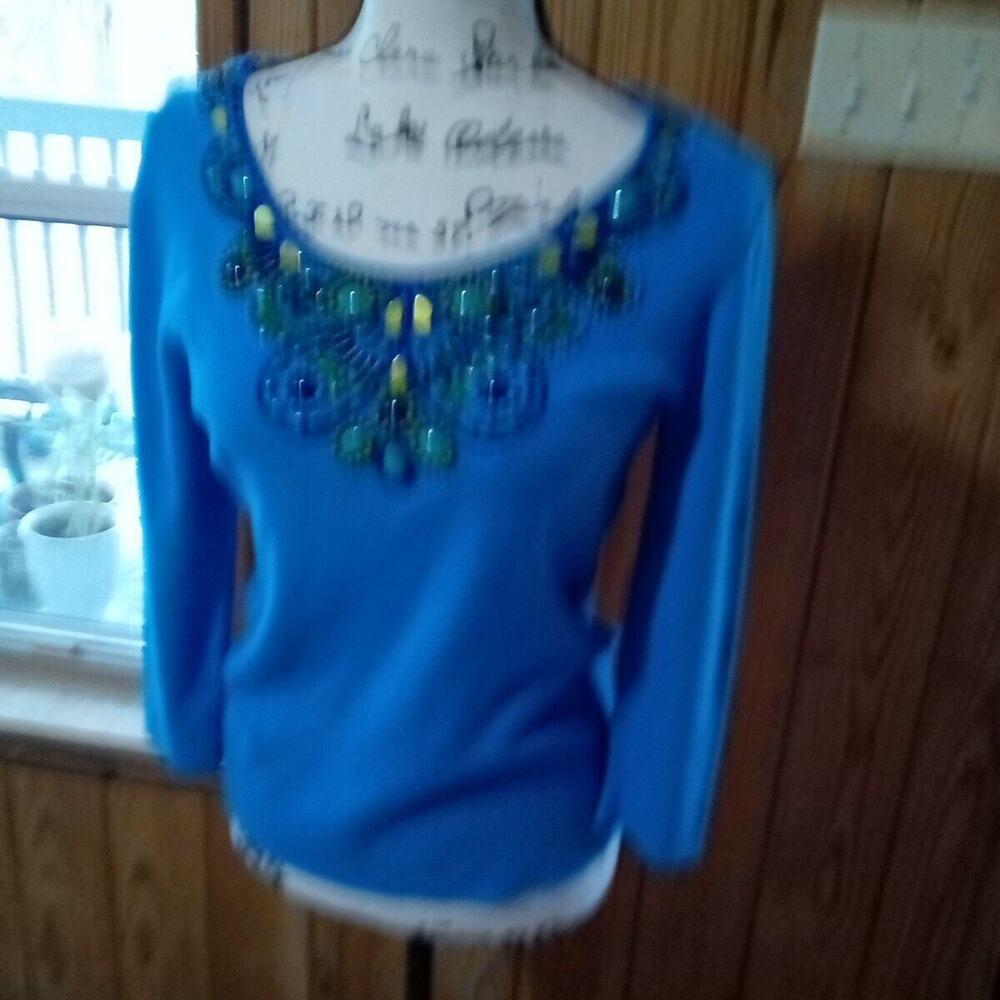 Ruby Rd Rayon Nylon L 3/4 Length Sleeve Turquoise Shirt With Beads And Stones